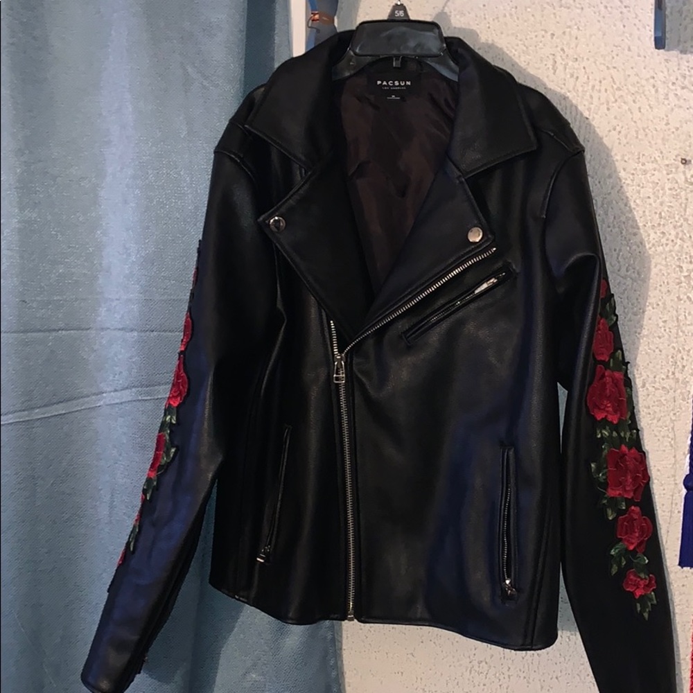 Black leather jacket with rose detailing